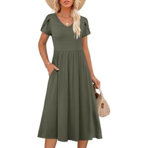 imageANRABESS Womens Summer Short Sleeve Midi Dresses Casual Floral TShirt Dress V Neck ALine Flowy Beach Sundress with PocketsOlive
