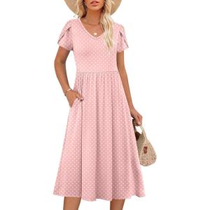 imageANRABESS Womens Summer Short Sleeve Midi Dresses Casual Floral TShirt Dress V Neck ALine Flowy Beach Sundress with PocketsPink Round Dot