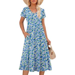 imageANRABESS Womens Summer Short Sleeve Midi Dresses Casual Floral TShirt Dress V Neck ALine Flowy Beach Sundress with PocketsPrint Blue Yellow Floral