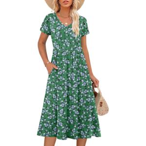 imageANRABESS Womens Summer Short Sleeve Midi Dresses Casual Floral TShirt Dress V Neck ALine Flowy Beach Sundress with PocketsWhite Purple Floral