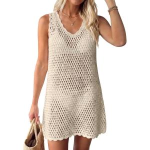 imageANRABESS Womens Swimsuit Cover Up 2026 V Neck Knit Swimwear Bathing Suit Crochet Backless Dress Summer Beach Vacation ClothesApricot