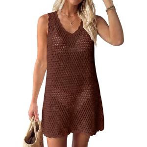 imageANRABESS Womens Swimsuit Cover Up 2026 V Neck Knit Swimwear Bathing Suit Crochet Backless Dress Summer Beach Vacation ClothesBrown