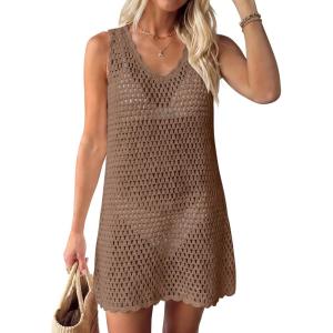 imageANRABESS Womens Swimsuit Cover Up 2026 V Neck Knit Swimwear Bathing Suit Crochet Backless Dress Summer Beach Vacation ClothesKhaki