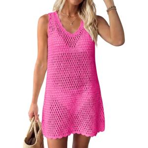 imageANRABESS Womens Swimsuit Cover Up 2026 V Neck Knit Swimwear Bathing Suit Crochet Backless Dress Summer Beach Vacation ClothesRose