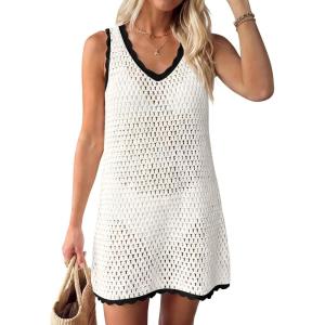 imageANRABESS Womens Swimsuit Cover Up 2026 V Neck Knit Swimwear Bathing Suit Crochet Backless Dress Summer Beach Vacation ClothesWhite Black