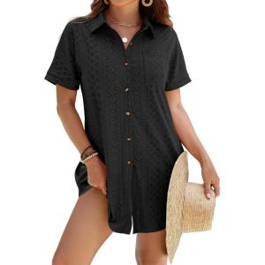 imageANRABESS Womens Swimsuit Coverup Summer Button Down Beach Shirt Dress Eyelet Swimwear Bathing Suit Cover Ups Vacation ClothesBlack