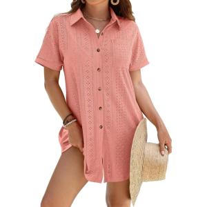imageANRABESS Womens Swimsuit Coverup Summer Button Down Beach Shirt Dress Eyelet Swimwear Bathing Suit Cover Ups Vacation ClothesCoral