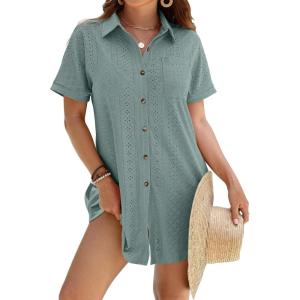imageANRABESS Womens Swimsuit Coverup Summer Button Down Beach Shirt Dress Eyelet Swimwear Bathing Suit Cover Ups Vacation ClothesGrey Green