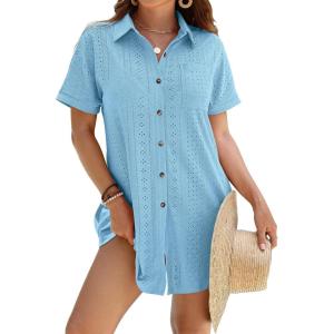 imageANRABESS Womens Swimsuit Coverup Summer Button Down Beach Shirt Dress Eyelet Swimwear Bathing Suit Cover Ups Vacation ClothesLight Blue