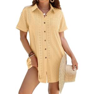 imageANRABESS Womens Swimsuit Coverup Summer Button Down Beach Shirt Dress Eyelet Swimwear Bathing Suit Cover Ups Vacation ClothesYellow