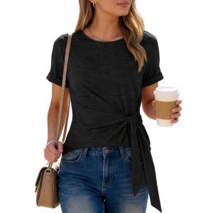 imageANRABESS Womens Tops Summer Short Sleeve Crewneck Tie Waist Shirts Dressy Casual Blouse Tee 2026 Business Work Trendy ClothesBlack