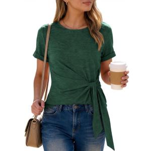 imageANRABESS Womens Tops Summer Short Sleeve Crewneck Tie Waist Shirts Dressy Casual Blouse Tee 2026 Business Work Trendy ClothesForest Green