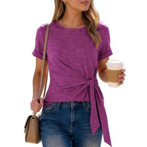 imageANRABESS Womens Tops Summer Short Sleeve Crewneck Tie Waist Shirts Dressy Casual Blouse Tee 2026 Business Work Trendy ClothesFuchsia