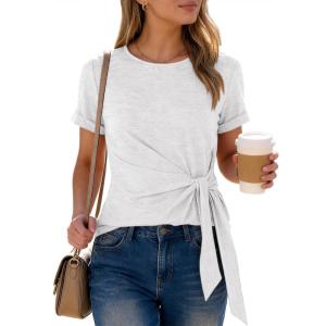 imageANRABESS Womens Tops Summer Short Sleeve Crewneck Tie Waist Shirts Dressy Casual Blouse Tee 2026 Business Work Trendy ClothesWhite