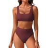 imageANRABESS Women Swimsuits Two Piece Bikini Set High Waisted Ribbed Tummy Control Modest Bathing Suits 2026 Beach Swim WearWine Red