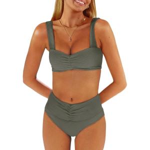 imageANRABESS Bathing Suit for Women Tummy Control Bikini Set 2026 Beach Front Ruched Mid Waist Swimsuit with Adjustable StrapsArmy Green