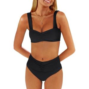 imageANRABESS Bathing Suit for Women Tummy Control Bikini Set 2026 Beach Front Ruched Mid Waist Swimsuit with Adjustable StrapsBlack