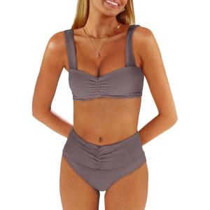 imageANRABESS Bathing Suit for Women Tummy Control Bikini Set 2026 Beach Front Ruched Mid Waist Swimsuit with Adjustable StrapsCoffee