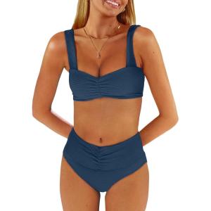 imageANRABESS Bathing Suit for Women Tummy Control Bikini Set 2026 Beach Front Ruched Mid Waist Swimsuit with Adjustable StrapsDark Blue