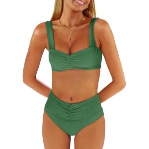 imageANRABESS Bathing Suit for Women Tummy Control Bikini Set 2026 Beach Front Ruched Mid Waist Swimsuit with Adjustable StrapsGreen