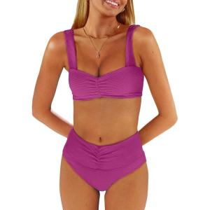 imageANRABESS Bathing Suit for Women Tummy Control Bikini Set 2026 Beach Front Ruched Mid Waist Swimsuit with Adjustable StrapsHot Pink