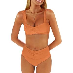 imageANRABESS Bathing Suit for Women Tummy Control Bikini Set 2026 Beach Front Ruched Mid Waist Swimsuit with Adjustable StrapsOrange