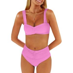 imageANRABESS Bathing Suit for Women Tummy Control Bikini Set 2026 Beach Front Ruched Mid Waist Swimsuit with Adjustable StrapsPink