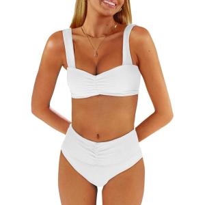 imageANRABESS Bathing Suit for Women Tummy Control Bikini Set 2026 Beach Front Ruched Mid Waist Swimsuit with Adjustable StrapsWhite