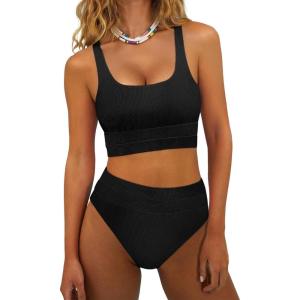 imageANRABESS Bikini Sets for Women Summer 2026 High Waisted 2 Piece Bathing Suit Tummy Control Swimsuit Color Block SwimwearBlack