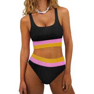 imageANRABESS Bikini Sets for Women Summer 2026 High Waisted 2 Piece Bathing Suit Tummy Control Swimsuit Color Block SwimwearBlack Pink Orange
