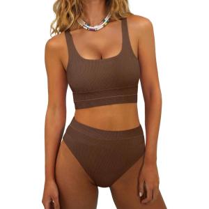 imageANRABESS Bikini Sets for Women Summer 2026 High Waisted 2 Piece Bathing Suit Tummy Control Swimsuit Color Block SwimwearBrown