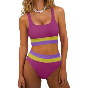 imageANRABESS Bikini Sets for Women Summer 2026 High Waisted 2 Piece Bathing Suit Tummy Control Swimsuit Color Block SwimwearFuchsia Lemon Lavender