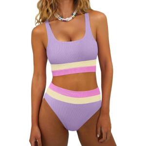 imageANRABESS Bikini Sets for Women Summer 2026 High Waisted 2 Piece Bathing Suit Tummy Control Swimsuit Color Block SwimwearLight Purple Cream Pink