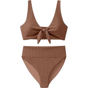 imageANRABESS Bikini Sets for Women Summer High Waisted 2 Piece Bathing Suit Ribbed Tie Knot Swimsuit 2026 Beach Vacation SwimwearBrown