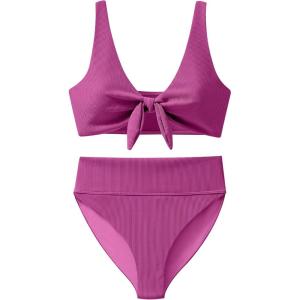 imageANRABESS Bikini Sets for Women Summer High Waisted 2 Piece Bathing Suit Ribbed Tie Knot Swimsuit 2026 Beach Vacation SwimwearHot Pink