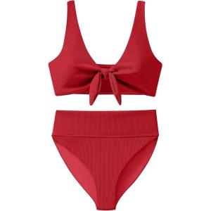 imageANRABESS Bikini Sets for Women Summer High Waisted 2 Piece Bathing Suit Ribbed Tie Knot Swimsuit 2026 Beach Vacation SwimwearRed