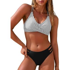 imageANRABESS Bikini Sets for Women V Neck Criss Cross Two Piece Swimsuit Sexy Cutout Bathing Suit 2026 Beach Vacation SwimwearStripe Black