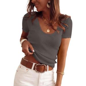 imageANRABESS Short Sleeve Sweater for Women Scoop Neck Casual Lightweight Ribbed Knit Pullover Tops 2026 Spring Summer OutfitsCamel