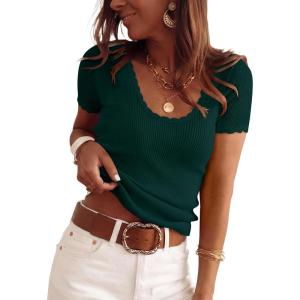 imageANRABESS Short Sleeve Sweater for Women Scoop Neck Casual Lightweight Ribbed Knit Pullover Tops 2026 Spring Summer OutfitsDeep Green