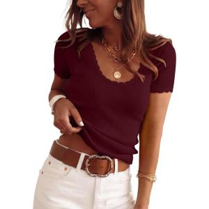 imageANRABESS Short Sleeve Sweater for Women Scoop Neck Casual Lightweight Ribbed Knit Pullover Tops 2026 Spring Summer OutfitsDeep Red