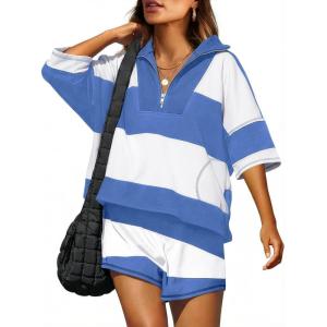 imageANRABESS Striped Short Sets for Women 2 Piece Outfits Summer Casual Oversized Workout Athletisure Travel Lounge Matching SetsBlue White