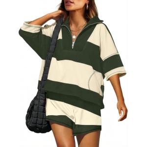 imageANRABESS Striped Short Sets for Women 2 Piece Outfits Summer Casual Oversized Workout Athletisure Travel Lounge Matching SetsGreen Light Yellow