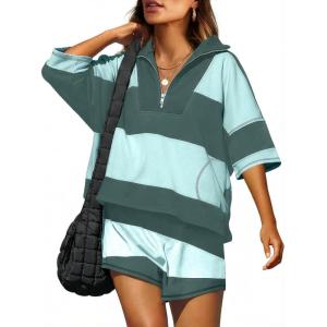 imageANRABESS Striped Short Sets for Women 2 Piece Outfits Summer Casual Oversized Workout Athletisure Travel Lounge Matching SetsGreen Mixed