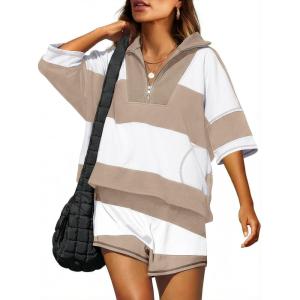imageANRABESS Striped Short Sets for Women 2 Piece Outfits Summer Casual Oversized Workout Athletisure Travel Lounge Matching SetsLight Khaki White