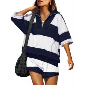 imageANRABESS Striped Short Sets for Women 2 Piece Outfits Summer Casual Oversized Workout Athletisure Travel Lounge Matching SetsNavy Blue White