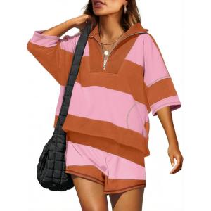 imageANRABESS Striped Short Sets for Women 2 Piece Outfits Summer Casual Oversized Workout Athletisure Travel Lounge Matching SetsPink Orange