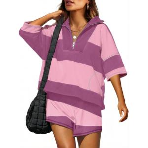 imageANRABESS Striped Short Sets for Women 2 Piece Outfits Summer Casual Oversized Workout Athletisure Travel Lounge Matching SetsPurple Pink