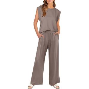 imageANRABESS Women 2 Piece Outfits Tank Top amp Palazzo Pants 2026 Summer Lounge Matching Sets Travel Vacation Beach ClothingLight Brown