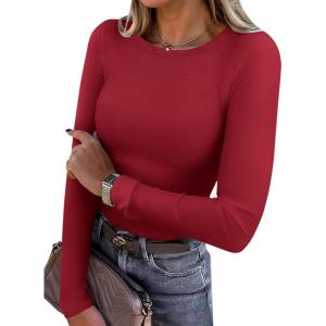 imageANRABESS Women Long Sleeve Thermal Shirt Fleece Tops 2026 Fall Winter Crew Neck Casual Base Layer TShirts Warm UndershirtsRed