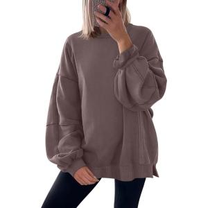 imageANRABESS Women Oversized Long Sleeve Sweatshirts Crewneck Side Slit Loose Teen Girl Pullover Top 2026 Fall Y2K Trendy OutfitsCamel